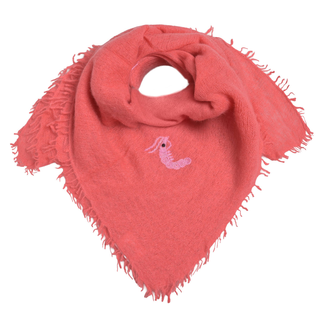 Kaschmir-Bandana in Koralle mit aufgestickten Scampis, quadratisches Tuch aus 100 % Kaschmir