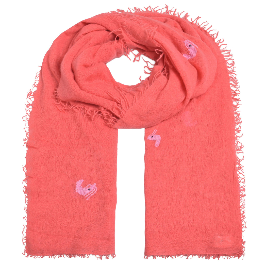 Kaschmirschal für Damen aus 100% Kaschmir in der Farbe Koralle mit aufgestickten Scampis, Produktbild