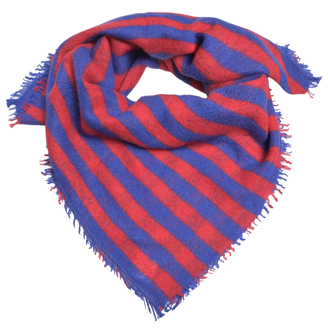 Elegantes Kaschmir-Bandana mit Streifenmuster in Blau und Rot, 65 x 65 cm, fair produziert in Nepal.