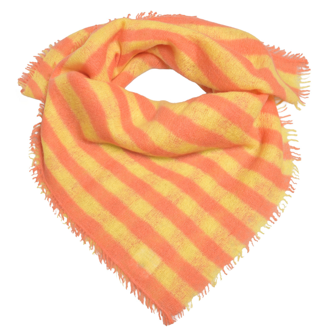 Quadratisches Kaschmirtuch  65 x 65 cm mit Streifen aus 100% Kaschmir in frischen Farben, Orange und Gelb gestreift