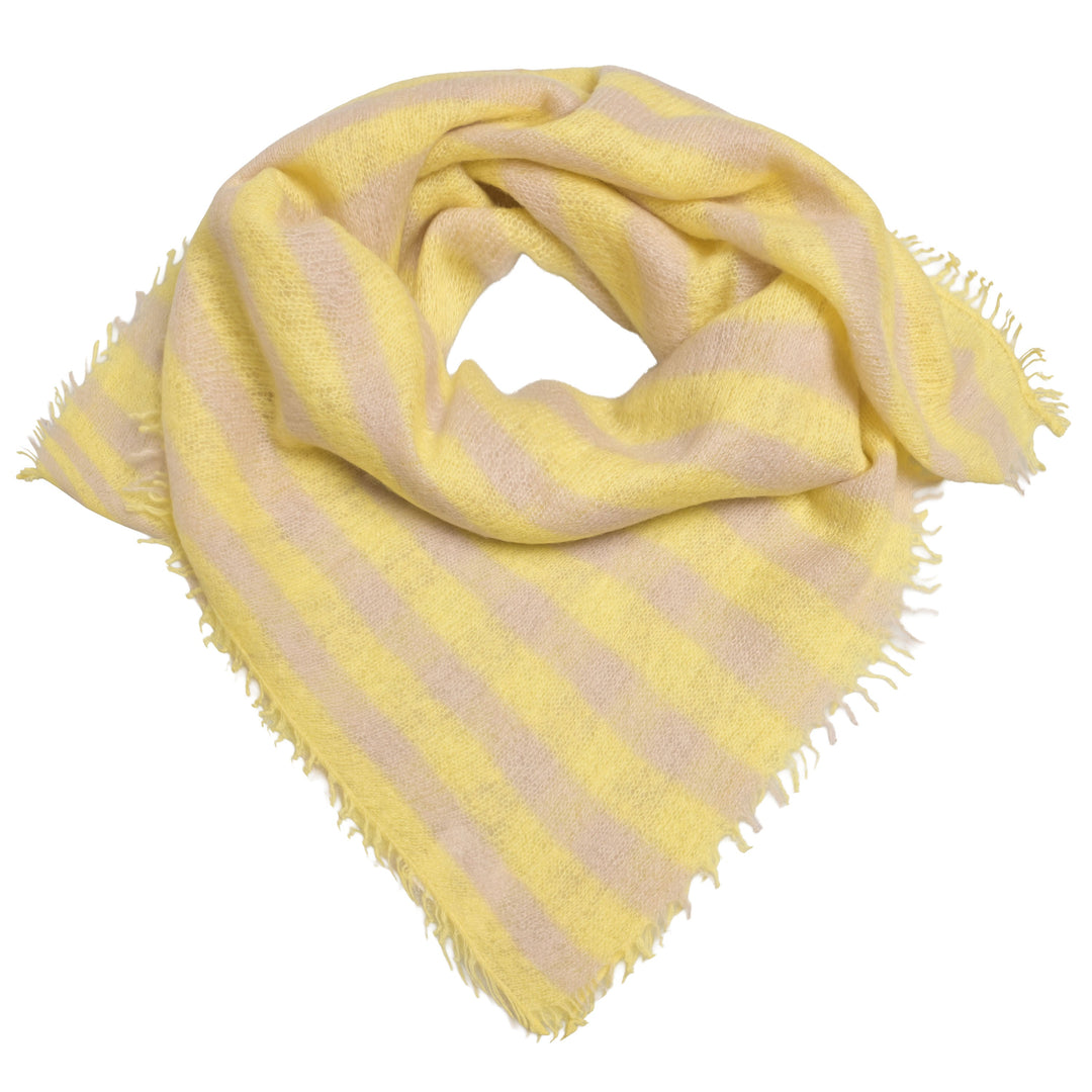 Quadratisches Kaschmirtuch  65 x 65 cm mit Streifen aus 100% Kaschmir in frischen Farben, Gelb und Beige