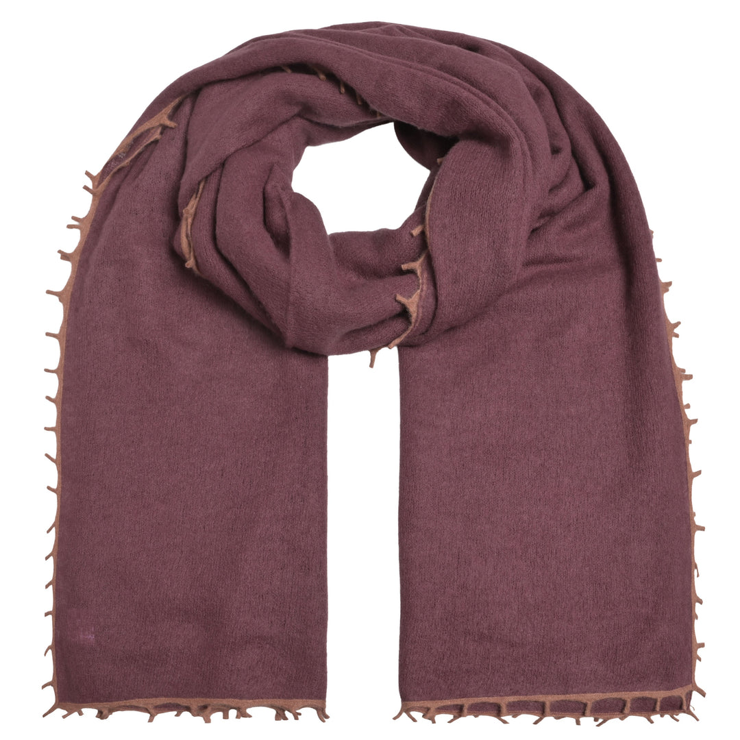 Doppelt gefilzter Light Kaschmirschal von cute stuff für Damen in Dark Choc Dunkelbraun mit Kontrastfransen und Kante, weich und edel, 205 cm x 80 cm