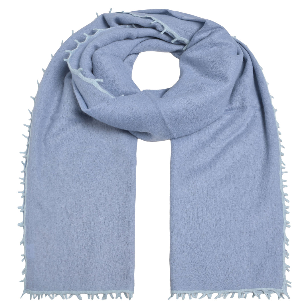 Doppelt gefilzter Light Kaschmirschal von cute stuff für Damen in Denim Jeansblau mit Kontrastfransen und Kante, weich und edel, 205 cm x 80 cm