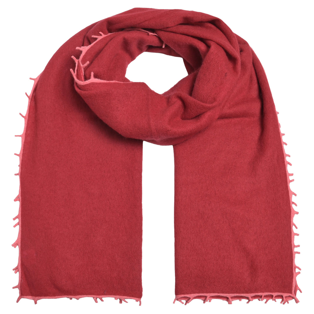 Doppelt gefilzter Light Kaschmirschal von cute stuff für Damen in Pomegrenate mit Kontrastfransen und Kante, weich und edel, 205 cm x 80 cm