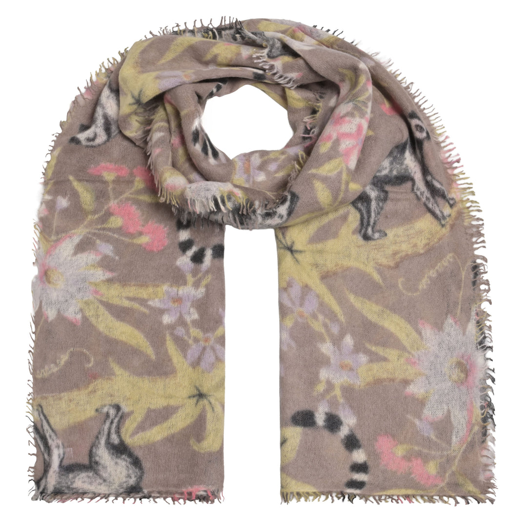 Langer Kaschmirschal für Damen mit dezenten Fransen aus 100 Prozent reinem Kaschmir, 85 x 210 cm lang, bedruckt mit Lemuren, Farbe: Hunter, Produktbild