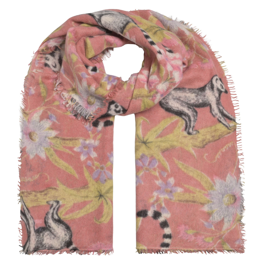 Edler großer Kaschmir Schal 210 x 85 cm für Damen mit dezenten Fransen und mit aufgedruckten Lemuren aus 100% reinem Kaschmir, Farbe: Kiss Me, Produktbild