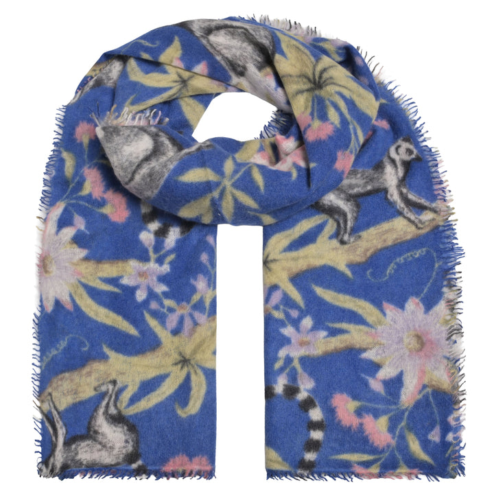 Langer Kaschmirschal für Damen mit dezenten Fransen aus 100 Prozent reinem Kaschmir, 85 x 210 cm lang, bedruckt mit Lemuren, Farbe: Königsblau, Produktbild
