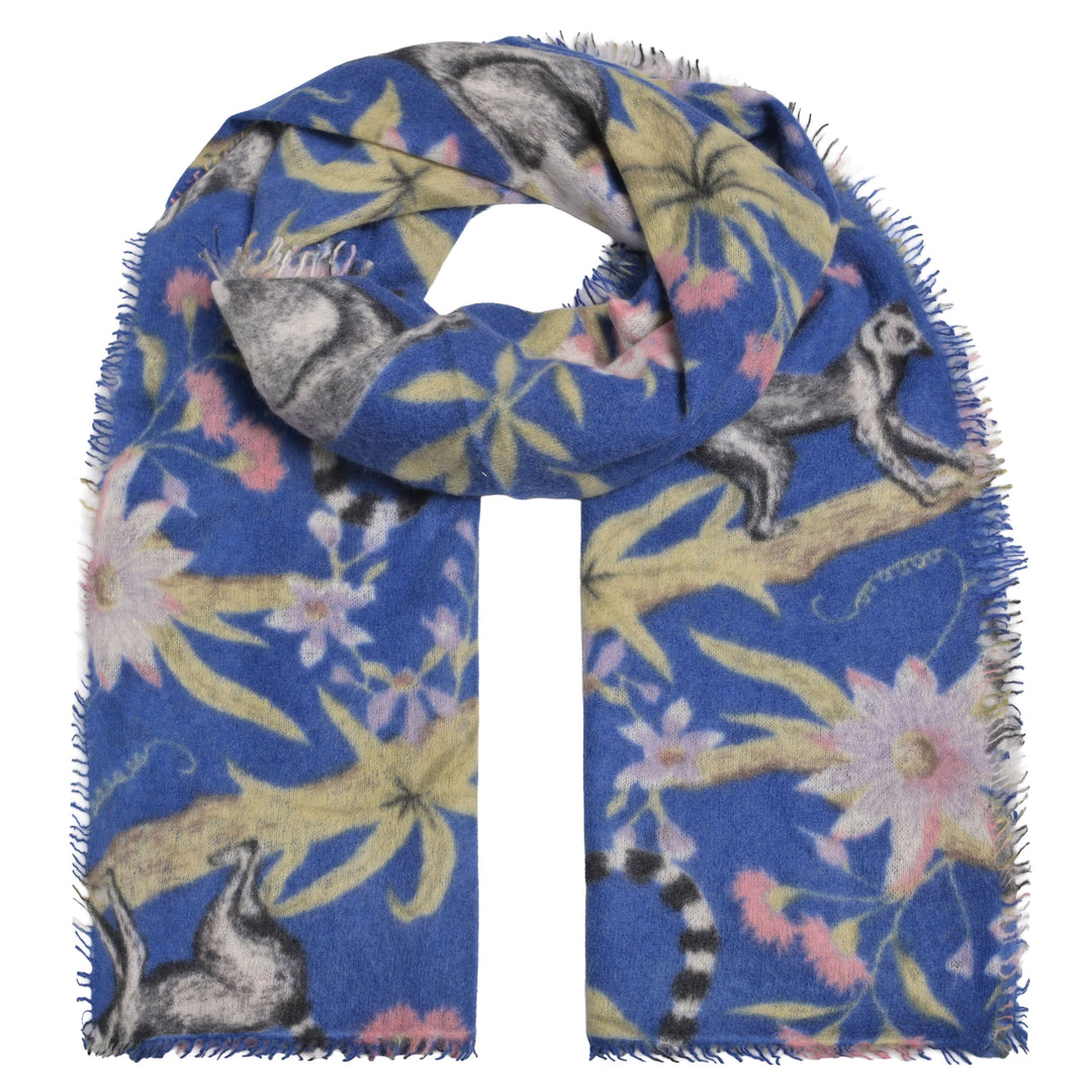 Langer Kaschmirschal für Damen mit dezenten Fransen aus 100 Prozent reinem Kaschmir, 85 x 210 cm lang, bedruckt mit Lemuren, Farbe: Königsblau, Produktbild