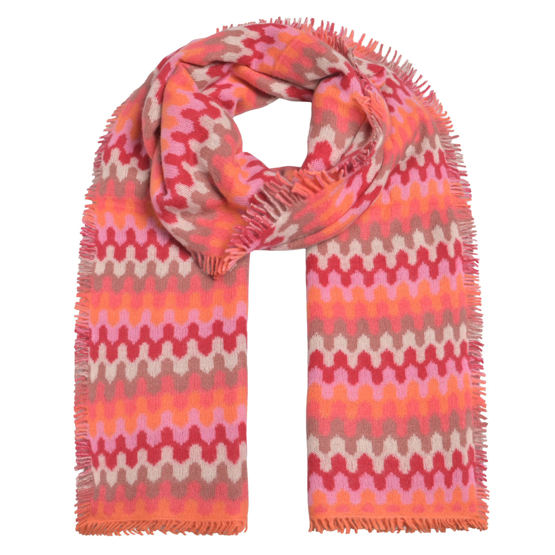 Weicher Damenschal aus 100 % purem Kaschmir, gewebt, handgefertigt in Nepal, mit dezenten Fransen und buntem Webmuster, Farbe Champagner
