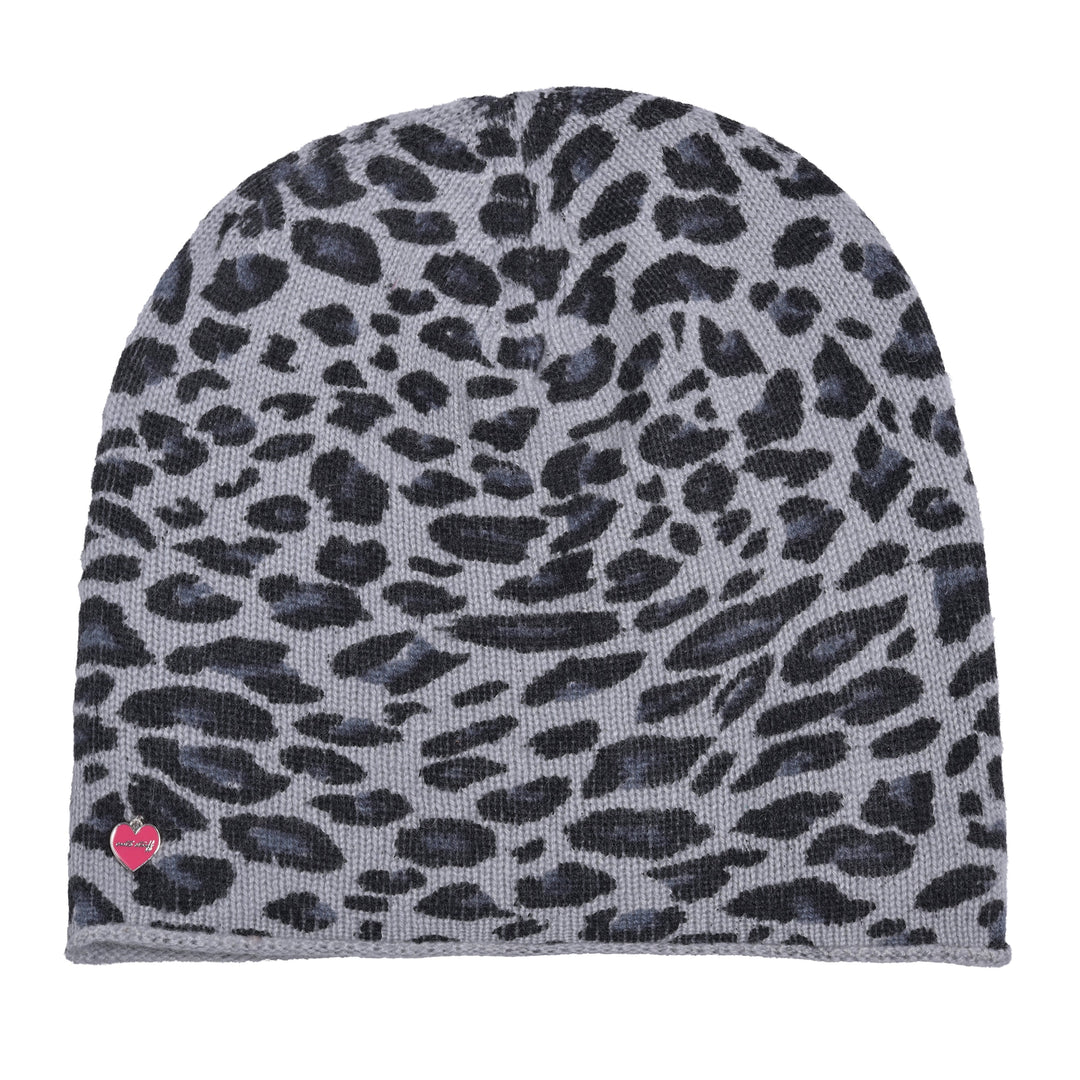 reine Kaschmirmütze Cashmere Beanie Mütze Leo-Muster Leoprint Schwarz Black