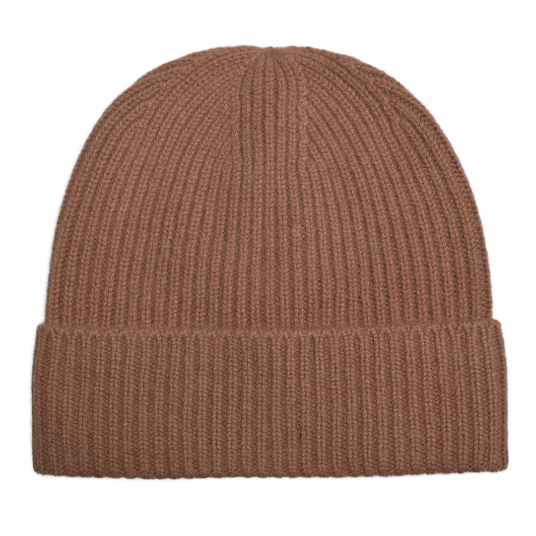 Braune Kaschmirmütze mit Aufschlag, 100 % Cashmere, Unisex, Produktaufnahme auf hellem Hintergrund.