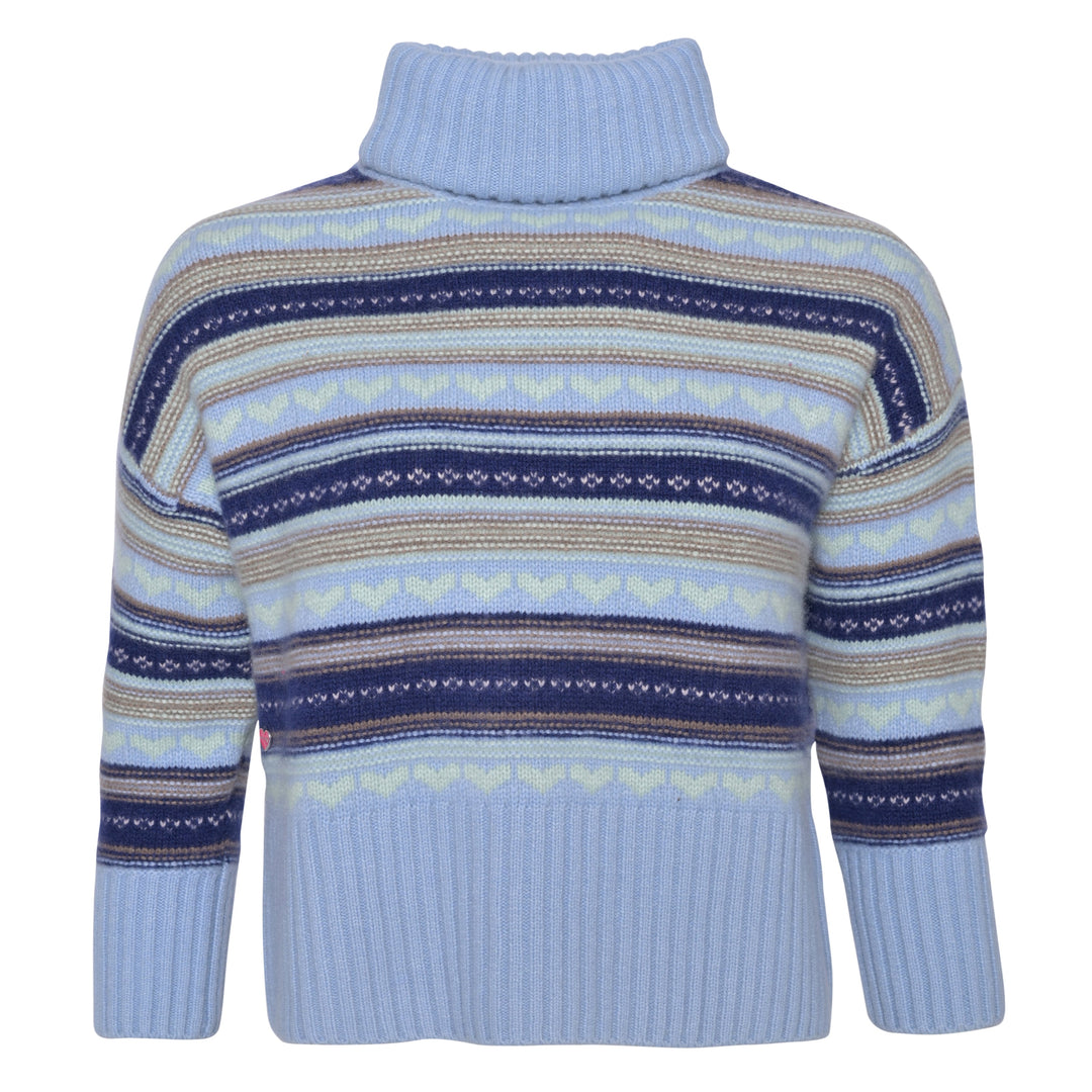 Kaschmir Pullover Damen in Blau  mit hohem Kragen und Intarsien-Strick, fair produziert in Nepal