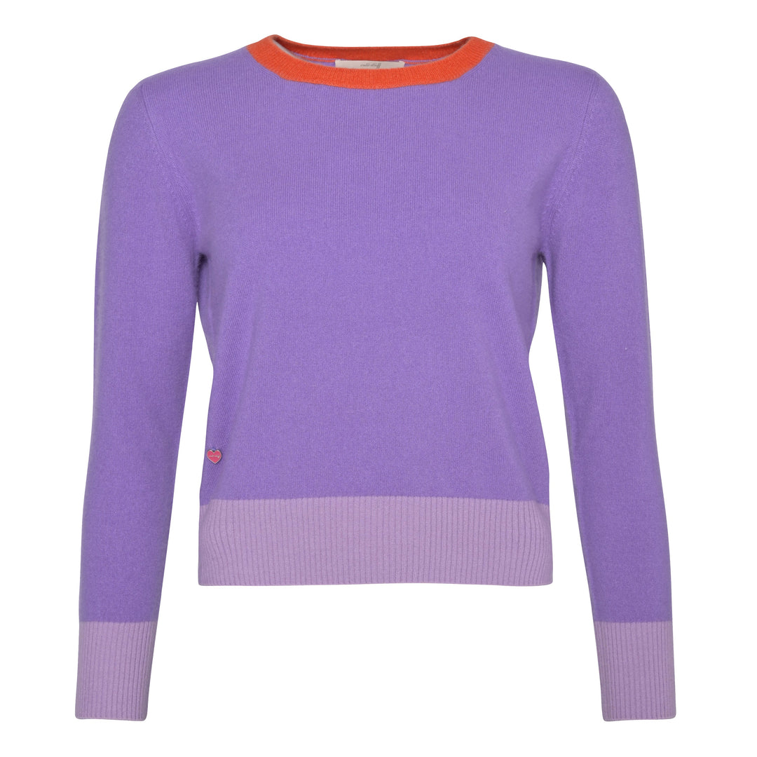 Kaschmirpullover für Damen in leuchtendem Flieder mit gerippten Bündchen in Kontrastfarben aus 100% reinem Cashmere in der Farbe Bellflower