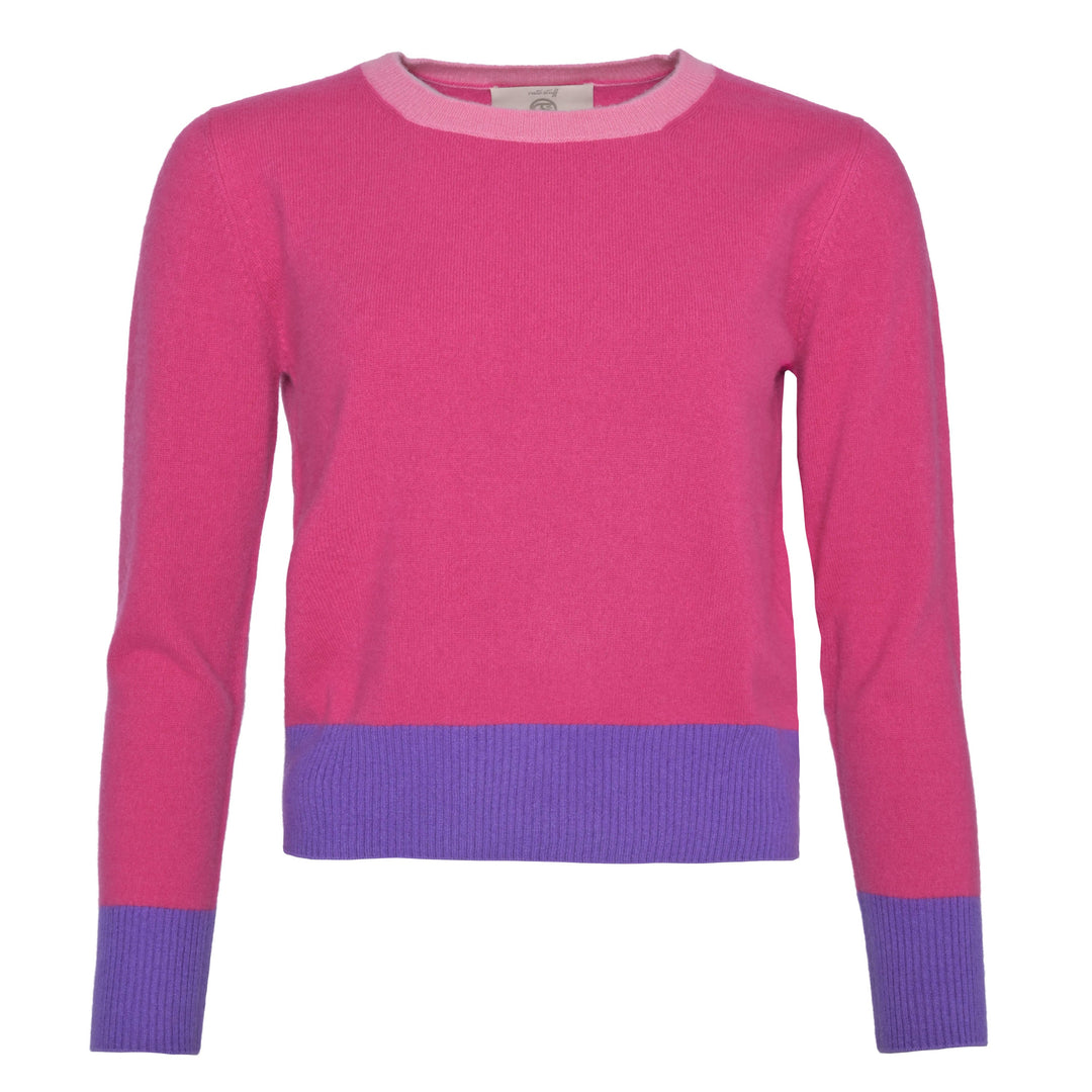 Kaschmirpullover für Damen in knalligem Pink mit gerippten Bündchen in Kontrastfarben aus 100% reinem Cashmere in der Farbe Raspberry