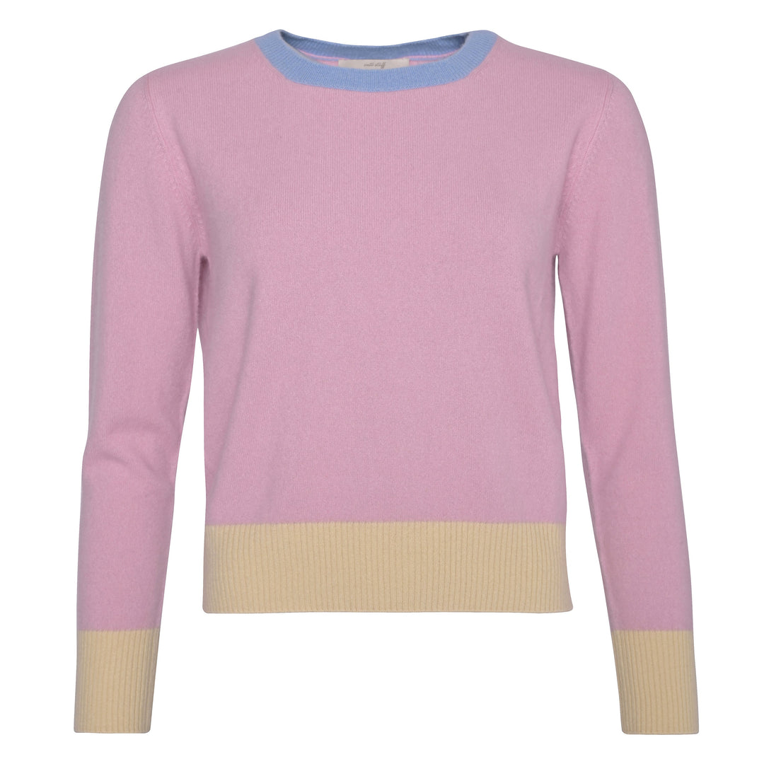 Kaschmirpullover für Damen in Pastelltönen mit gerippten Bündchen in Kontrastfarben aus 100% reinem Cashmere in der Farbe Strawberry Shake