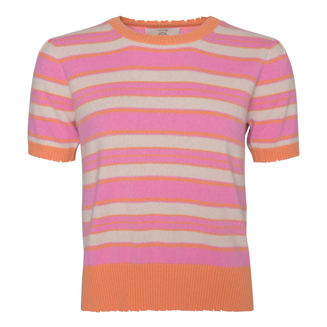 Gestreifter Damenpullover aus 100% Kaschmir in Pink mit Puffärmeln und Cut-outs an den Bündchen, Produktabbildung