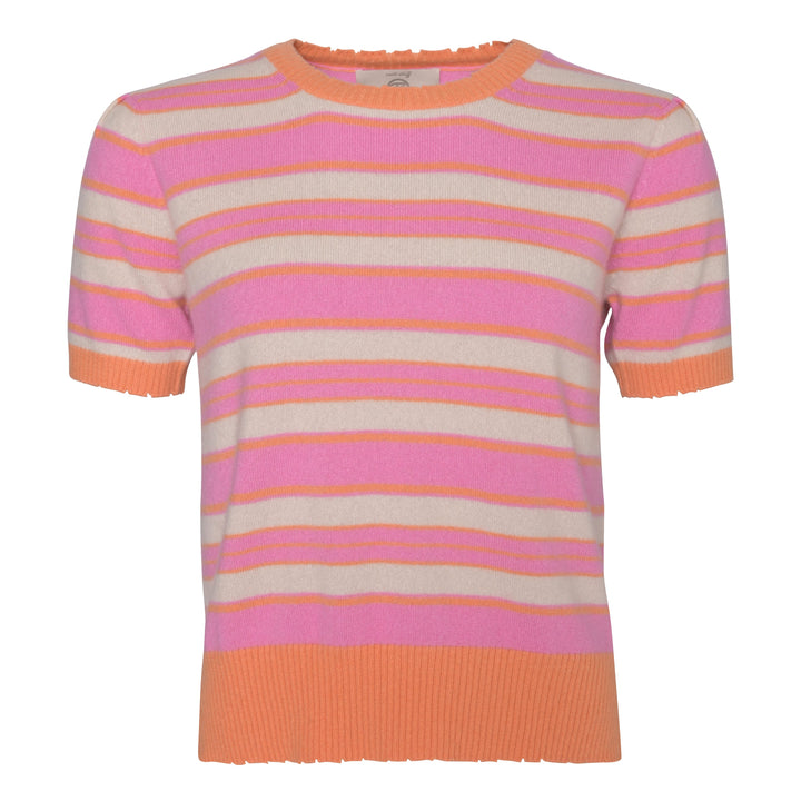 Gestreifter Damenpullover aus 100% Kaschmir in Pink mit Puffärmeln und Cut-outs an den Bündchen, Produktabbildung