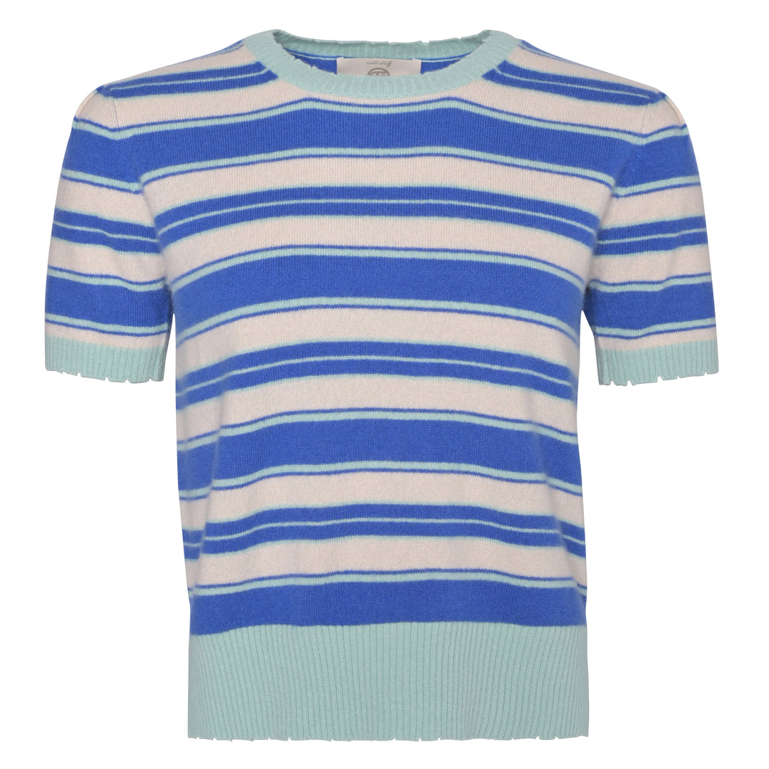 Gestreifter Damenpullover aus 100% Kaschmir in Königsblau mit Puffärmeln und Cut-outs an den Bündchen, Produktabbildung