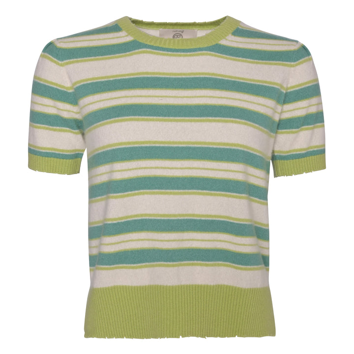 Gestreifter Damenpullover aus 100% Kaschmir in Grüntönen mit Puffärmeln und Cut-outs an den Bündchen, Produktabbildung