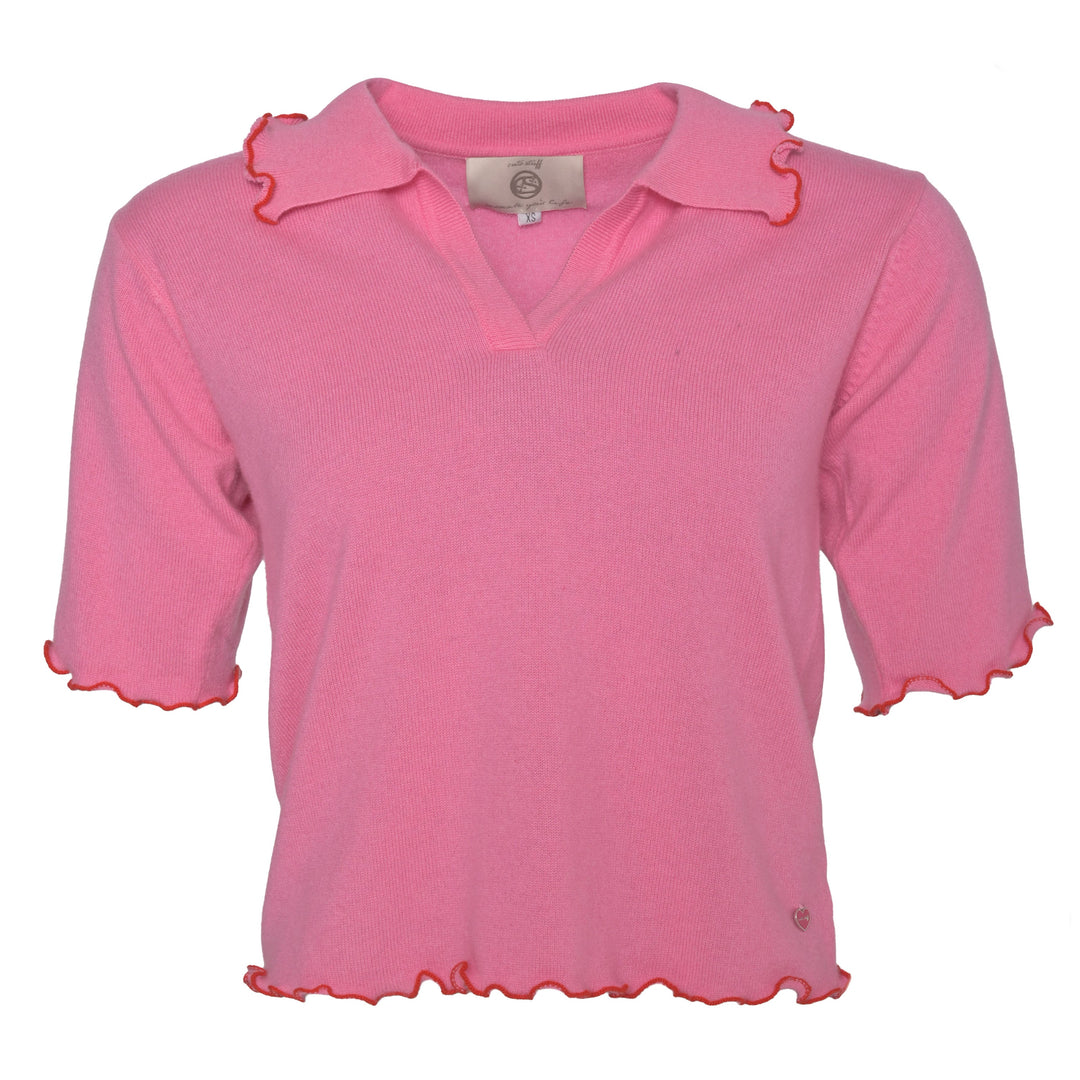 Kurzarm‑Pullover Edda‑cs mit Rüschensaum und Polo‑Kragen aus Kaschmir‑Woll‑Mix in der Farbe Pink