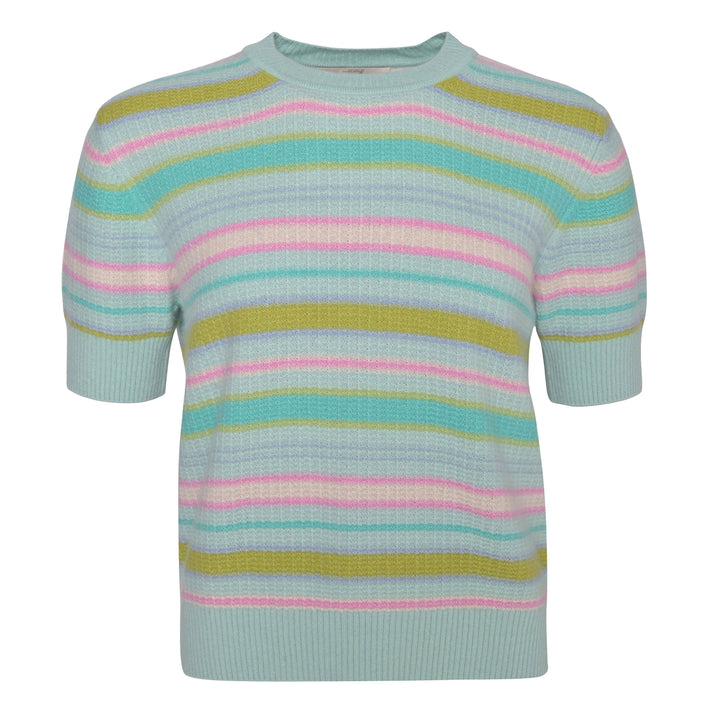 Gestreifter Damenpullover aus 100% Kaschmir in Mint Sorbet mit Strickmuster und kurzen Ärmeln, Produktbild