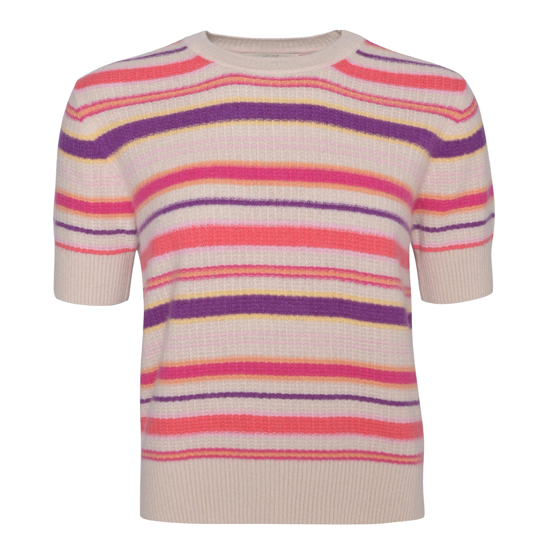 Gestreifter Damenpullover aus 100% Kaschmir in der Farbe Orchid mit Strickmuster und kurzen Ärmeln, Produktbild