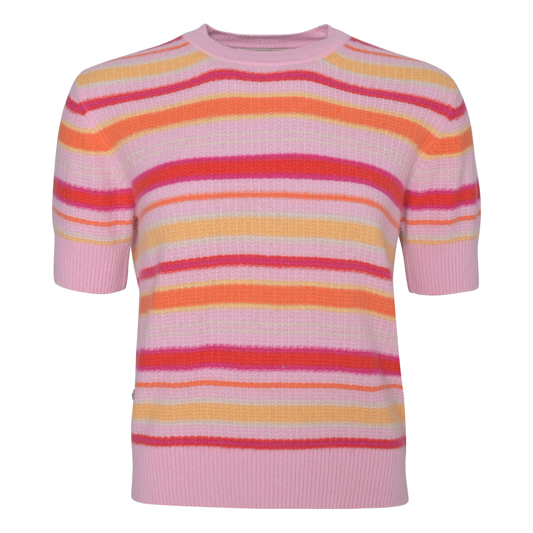 Gestreifter Damenpullover aus 100% Kaschmir in Pinktönen mit Strickmuster und kurzen Ärmeln, Produktbild