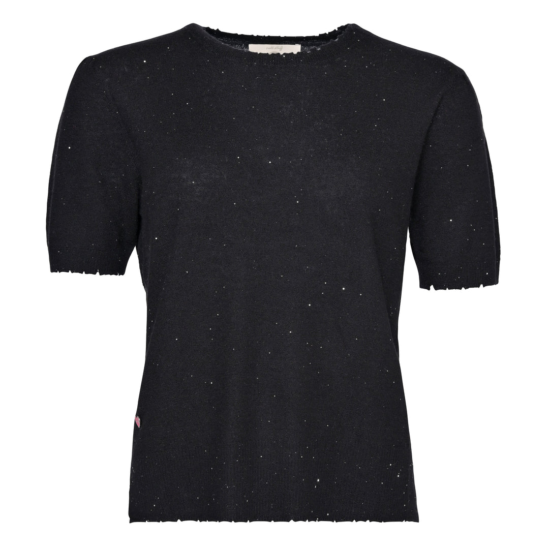 Feiner Damen Kaschmirpullover in Schwarz mit dezenten goldenen Pailletten, kurze Ärmel