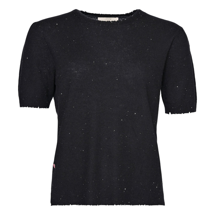 Feiner Damen Kaschmirpullover in Schwarz mit dezenten goldenen Pailletten, kurze Ärmel