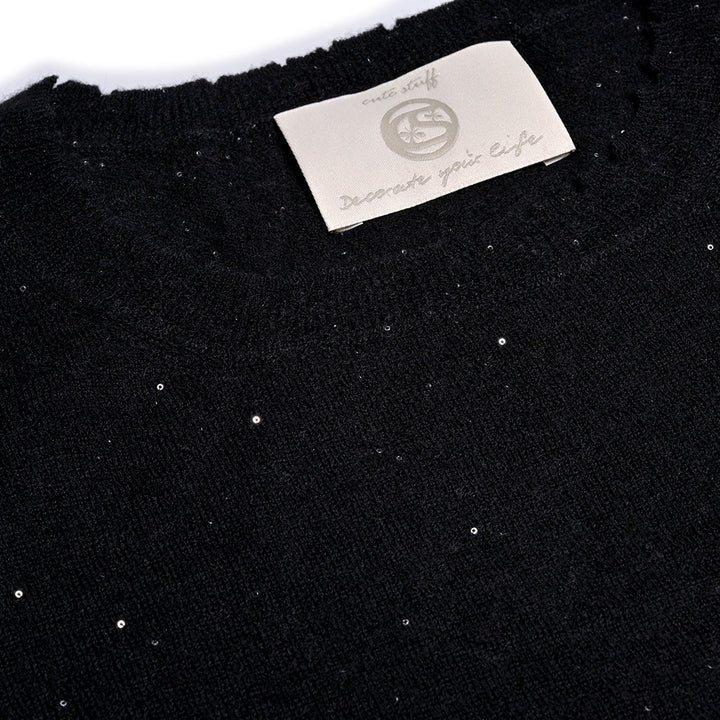 Schwarzer Sommerpullover aus Kaschmir mit glitzernden Pailletten, Detailaufnahme