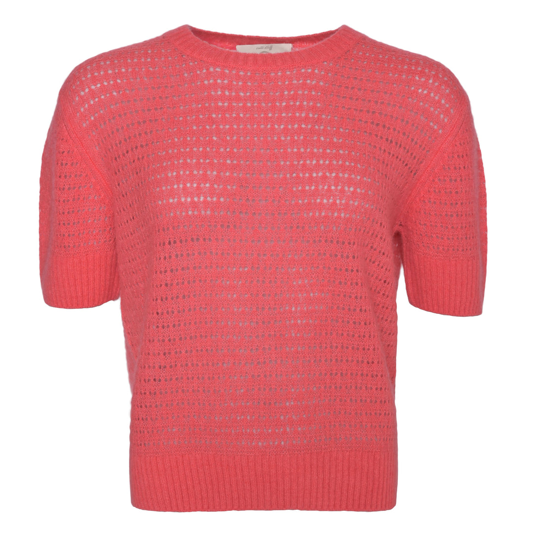 Edler Kaschmirpullover für Damen mit Ajour-Strickmuster und kurzen Ärmeln in Koralle