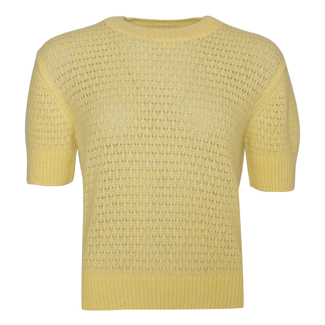 Edler Kaschmirpullover für Damen mit Ajour-Strickmuster und kurzen Ärmeln in Gelb