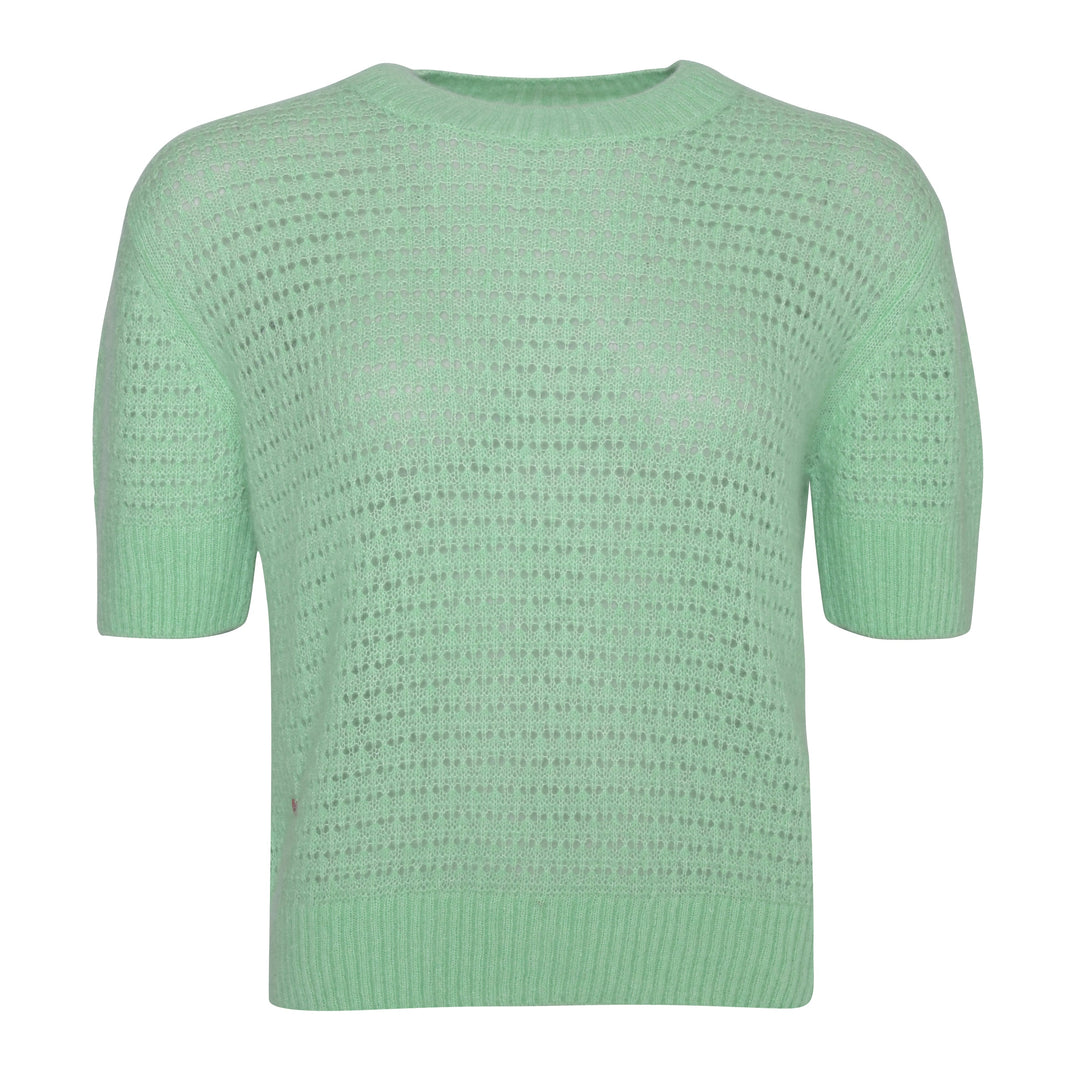 Edler Kaschmirpullover für Damen mit Ajour-Strickmuster und kurzen Ärmeln in Mint