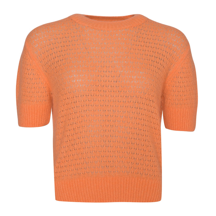 Edler Kaschmirpullover für Damen mit Ajour-Strickmuster und kurzen Ärmeln in Nektarine
