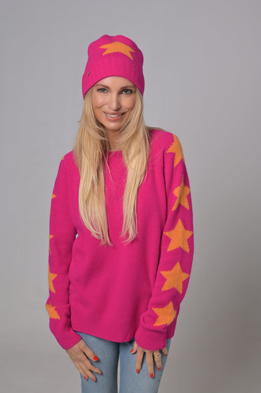Cashmere Mütze Stars-cs in Neonpink