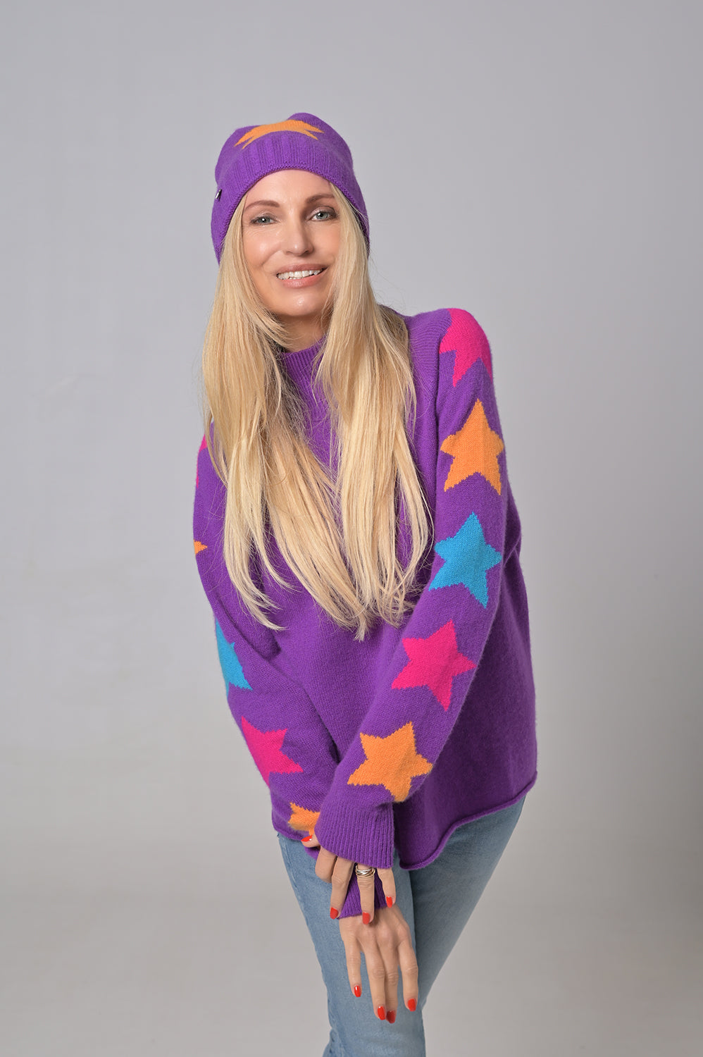 Cashmere Mütze Stars-cs in Cornflower