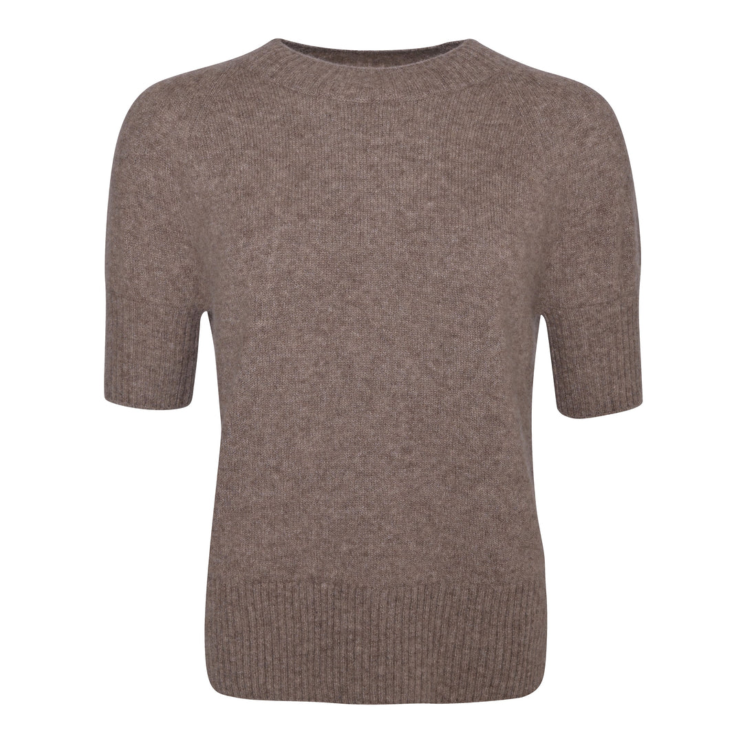Damen Kaschmirpullover kurzarm in Coffee Melange, Rundhals, normale Passform, Produktbild