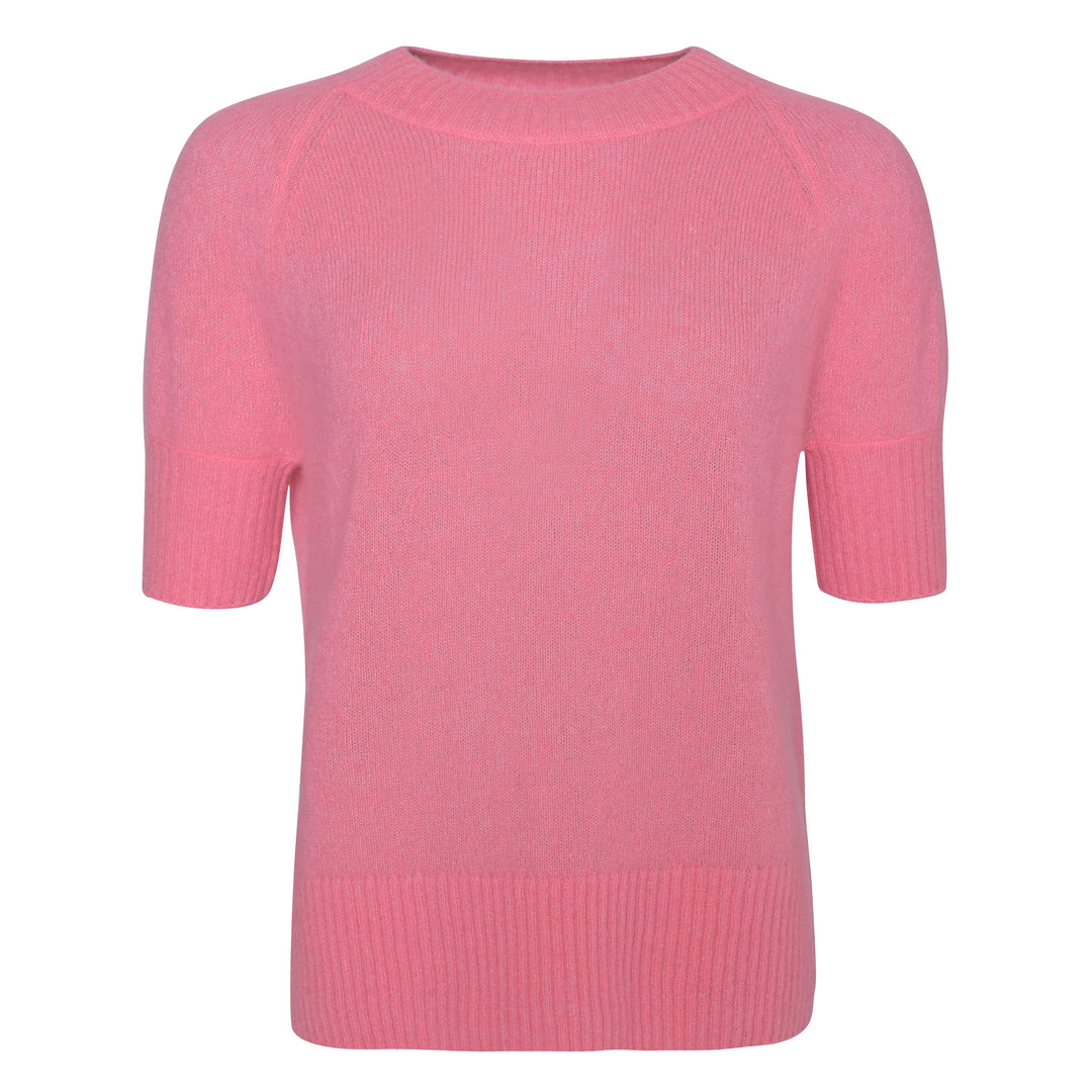 Damen Kaschmirpullover kurzarm in Pink, Rundhals, normale Passform, Produktfoto auf weißem Hintergrund