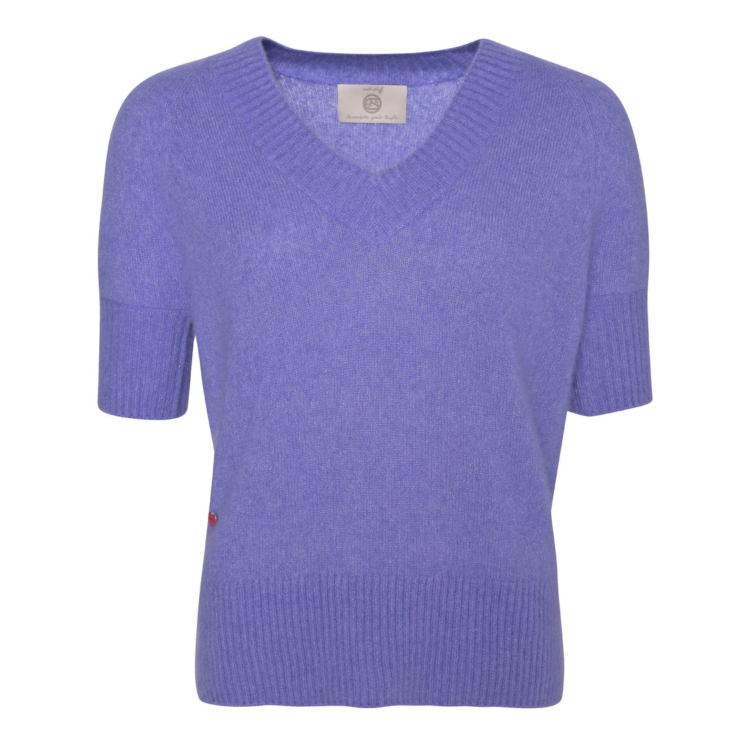 Damen Kaschmirpullover kurzarm in Bellflower, V-Ausschnitt, normale Passform