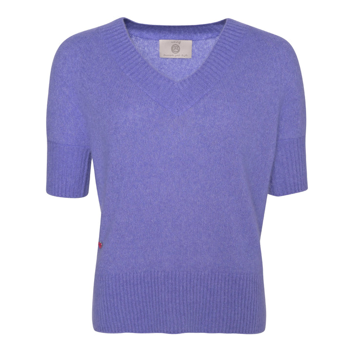 Damen Kaschmirpullover kurzarm in Bellflower, V-Ausschnitt, normale Passform