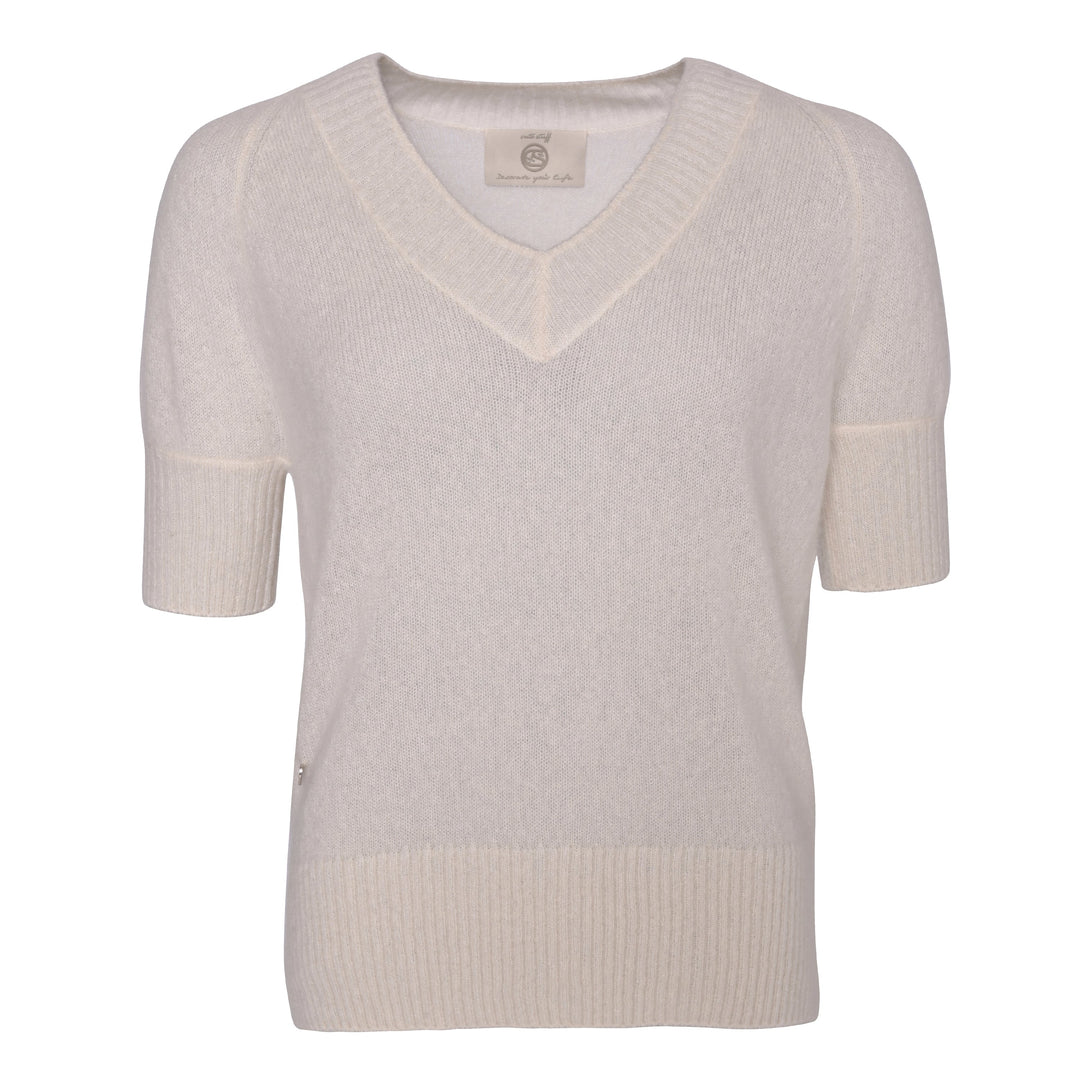 Damen Kaschmirpullover kurzarm in Champagner Weiß, V-Ausschnitt, normale Passform