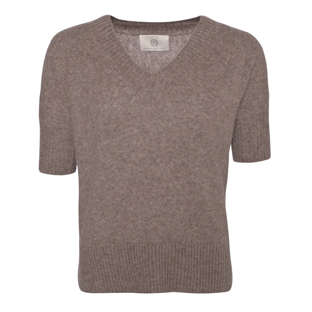 Damen Kaschmirpullover kurzarm in Coffee Melange, V-Ausschnitt, normale Passform