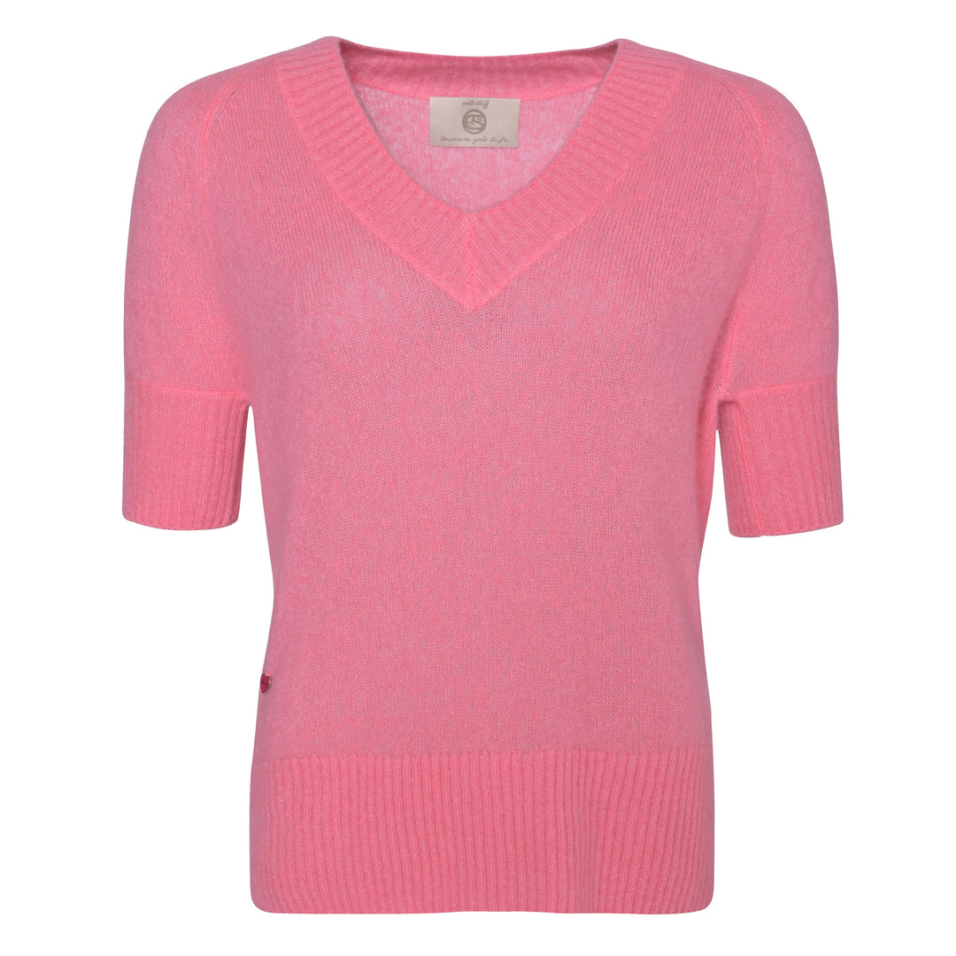 Damen Kaschmirpullover kurzarm in Pink, V-Ausschnitt, normale Passform