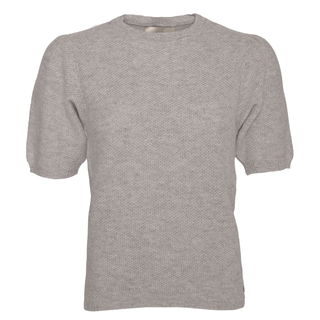 Weicher Kaschmirpullover für Damen in Hellgrau Meliert mitv Puffärmeln und Strickmuster aus der Sommerkollektion 2026