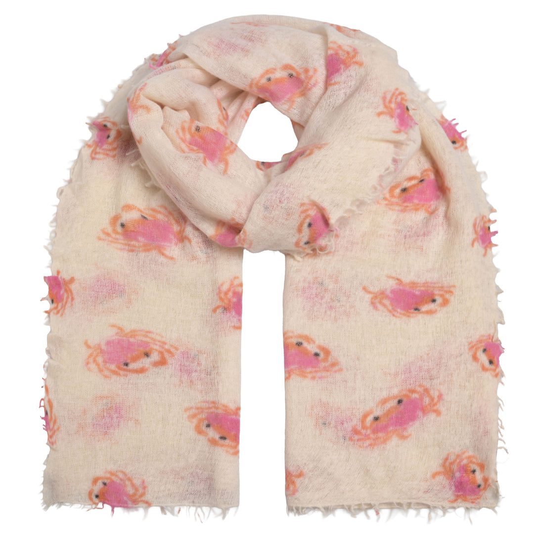 Besonders weicher und leichter Kaschmirschal für Damen mit Krebsen bedruckt, handgefertigt in Nepal, 210 x 85 cm, Farbe Champagner, Produktbild mit weißem Hintergrund