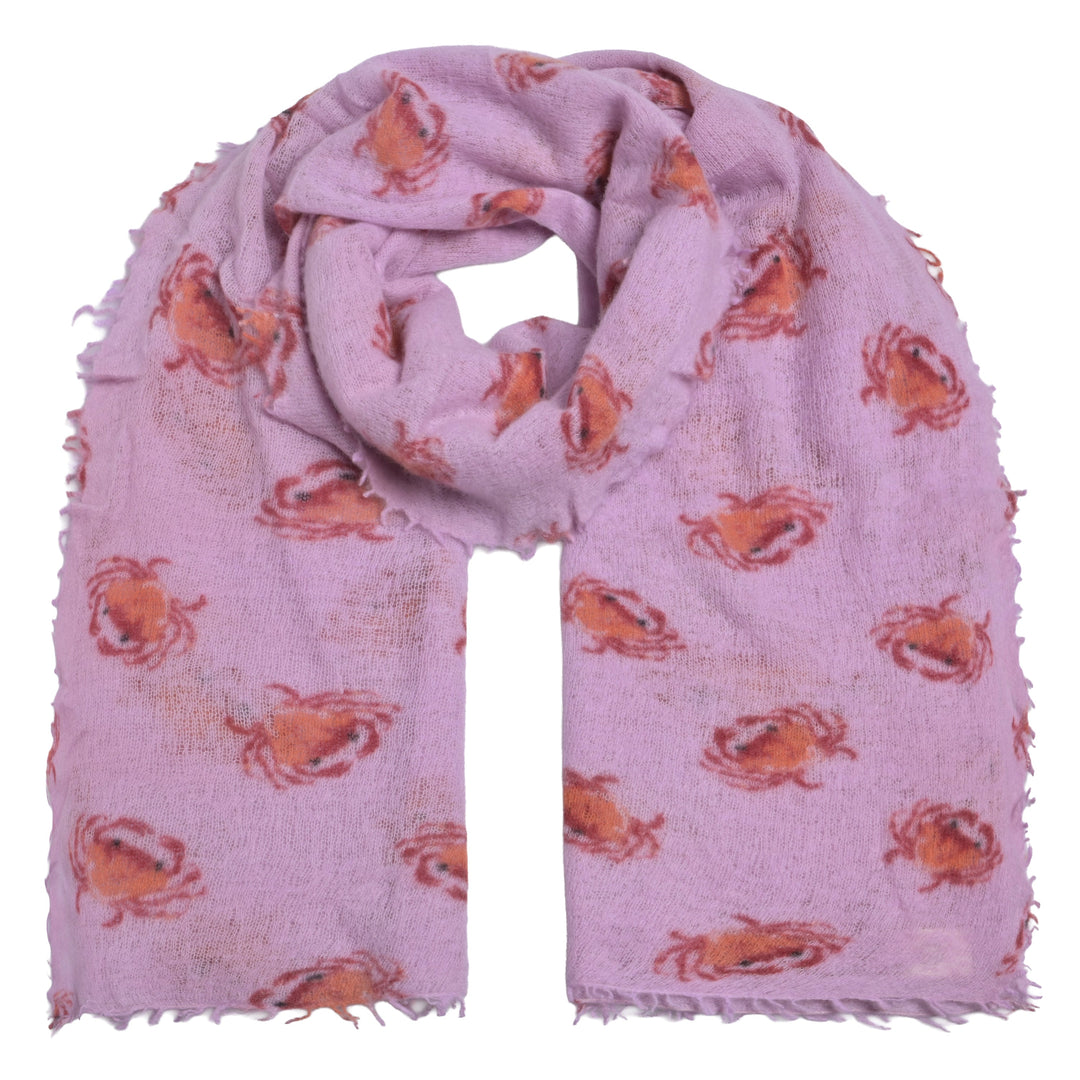 Besonders weicher und leichter Kaschmirschal für Damen mit Krebsen bedruckt, handgefertigt in Nepal, 210 x 85 cm, Farbe Flieder, Produktbild mit weißem Hintergrund