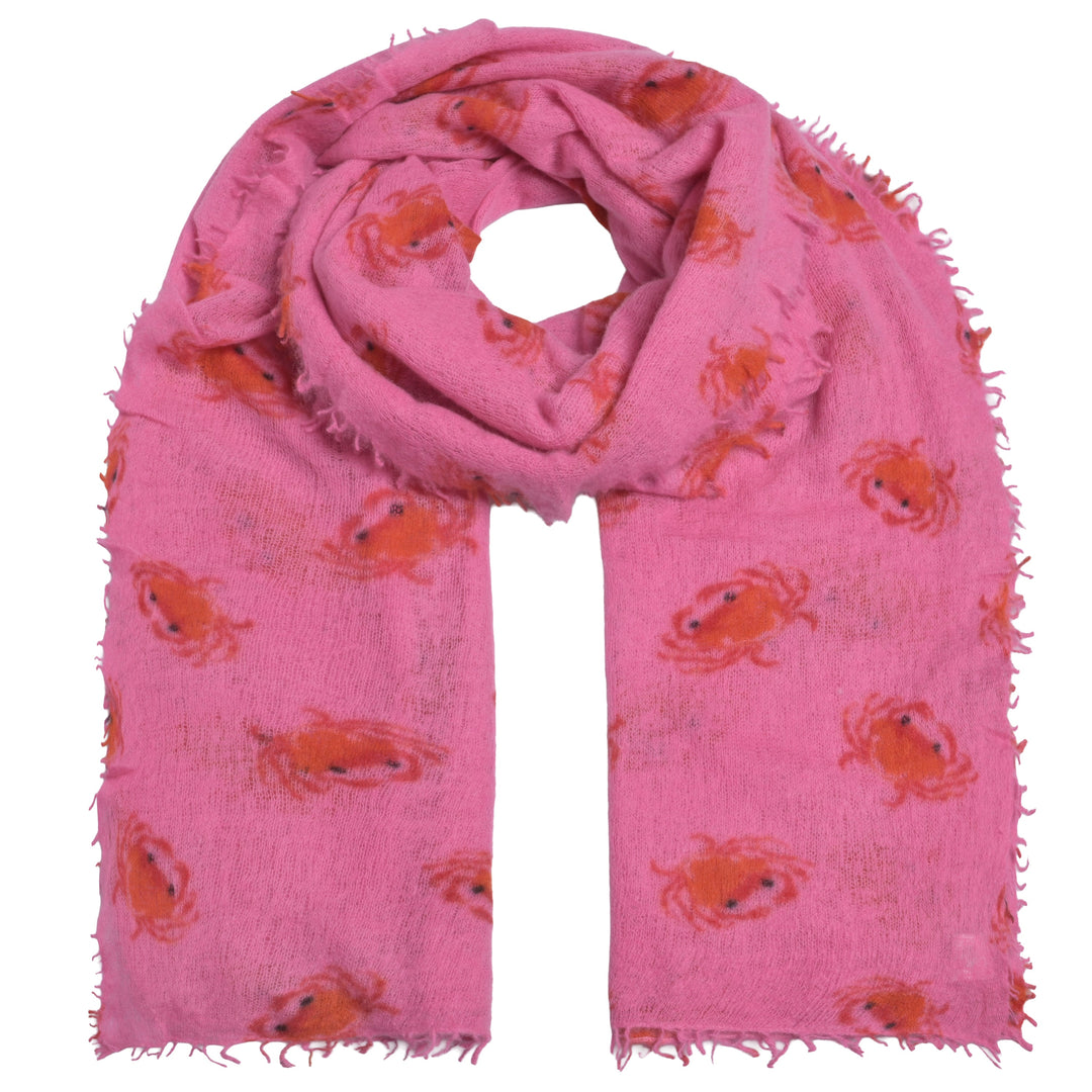 Besonders weicher und leichter Kaschmirschal für Damen mit Krebsen bedruckt, handgefertigt in Nepal, 210 x 85 cm, Farbe Pink, Produktbild mit weißem Hintergrund