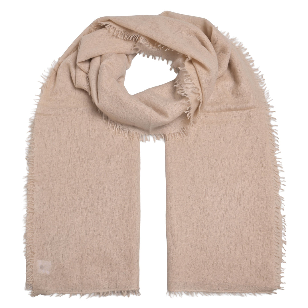 Hellbrauner Kaschmirschal für Herrn und Damen in der Farbe Foundation mit dezenten Fransen aus 100 Prozent reinem Cashmere, Handmade in Nepal, Produktbild