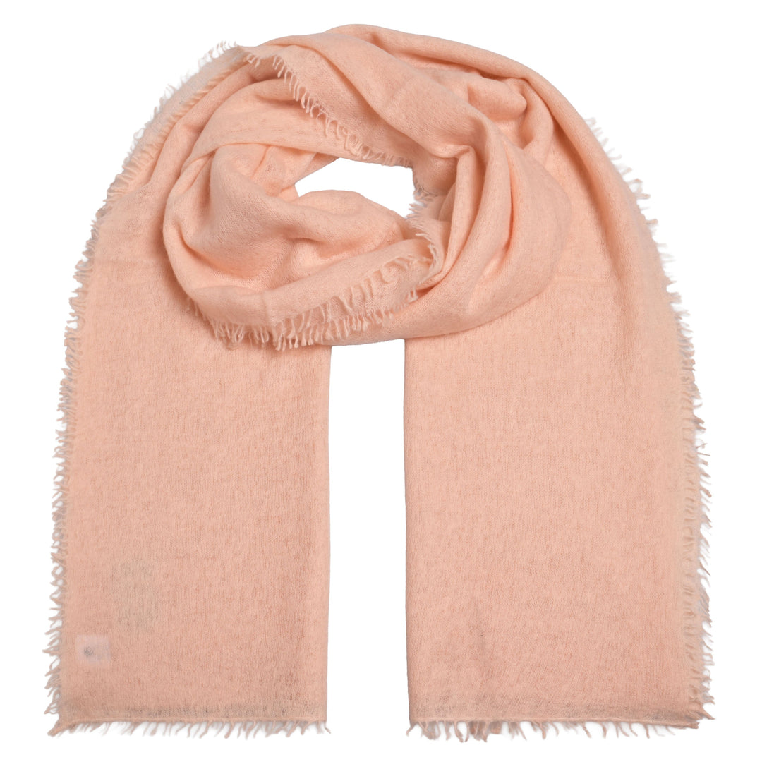 Edler Kaschmirschal für Damen in pastellfarbe, Magnolia, gestrickt und gefilzt mit kleinen Fransen, Produktbild