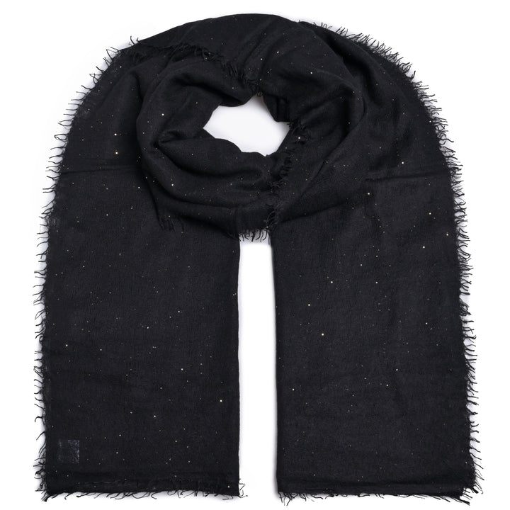 Eleganter Kaschmirschal für Damen aus reinem Kaschmir mit feinen, eingearbeiteten Pailletten in der Farbe Schwarz, Produktbild mit weißem Hintergrund